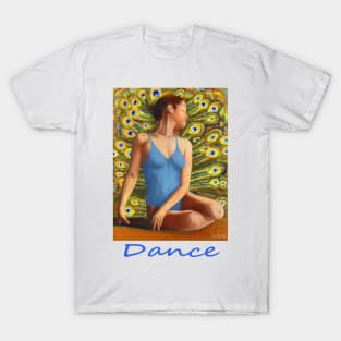 Dancer seated in front of peacock feathers T-Shirt